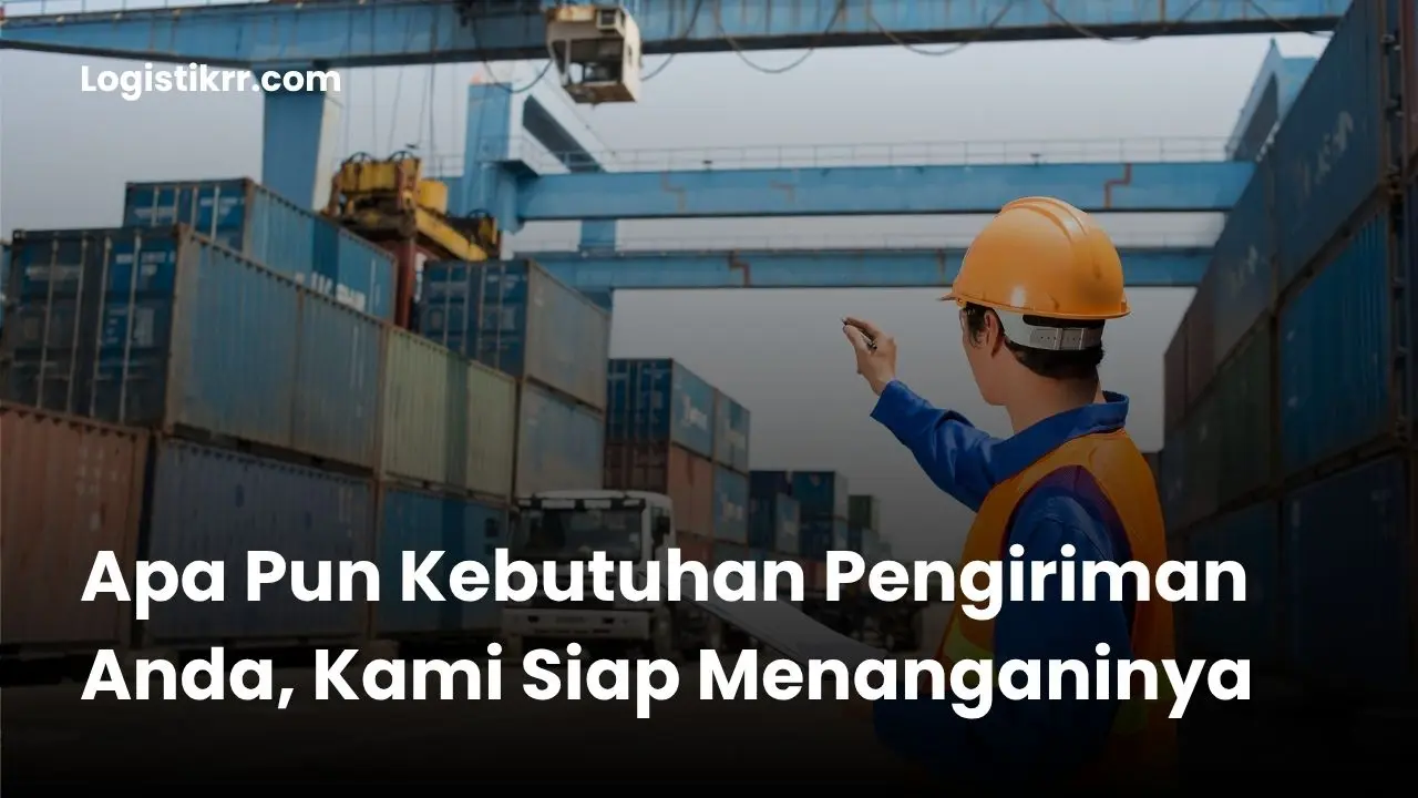 Berbagai moda transportasi logistik: truk kargo, kapal kontainer, dan pesawat kargo